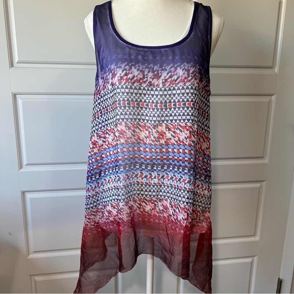 Apt 9 Sleeveless‎ Tunic Top Abstract Blue Red Print Sheer Flowy Casual Blouse